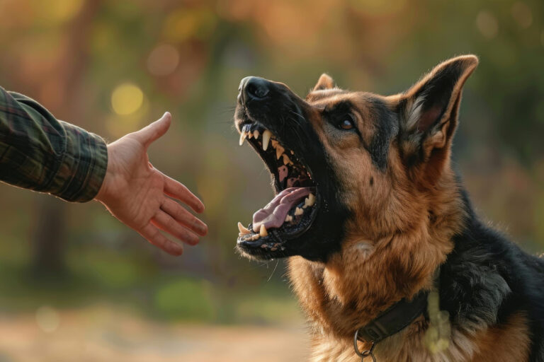 Perro pastor alemán agresivo gruñe a mano extendida en Jacksonville