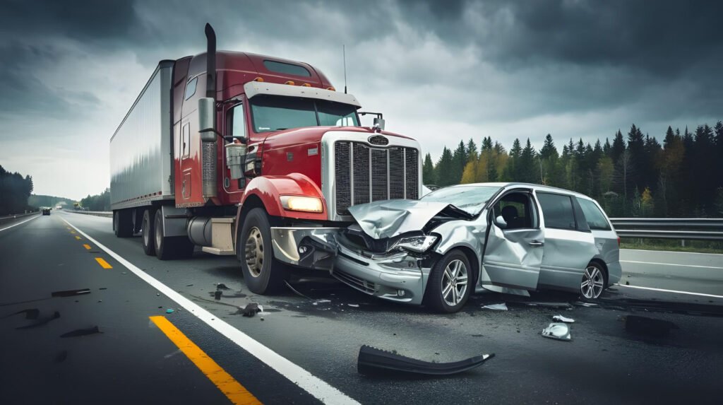 Accidente de camión y coche en carretera