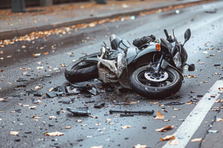 Motocicleta accidentada en la calle, con escombros y hojas