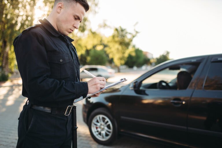 Oficial de policía escribiendo multa de tráfico junto a coche en Jacksonville.
