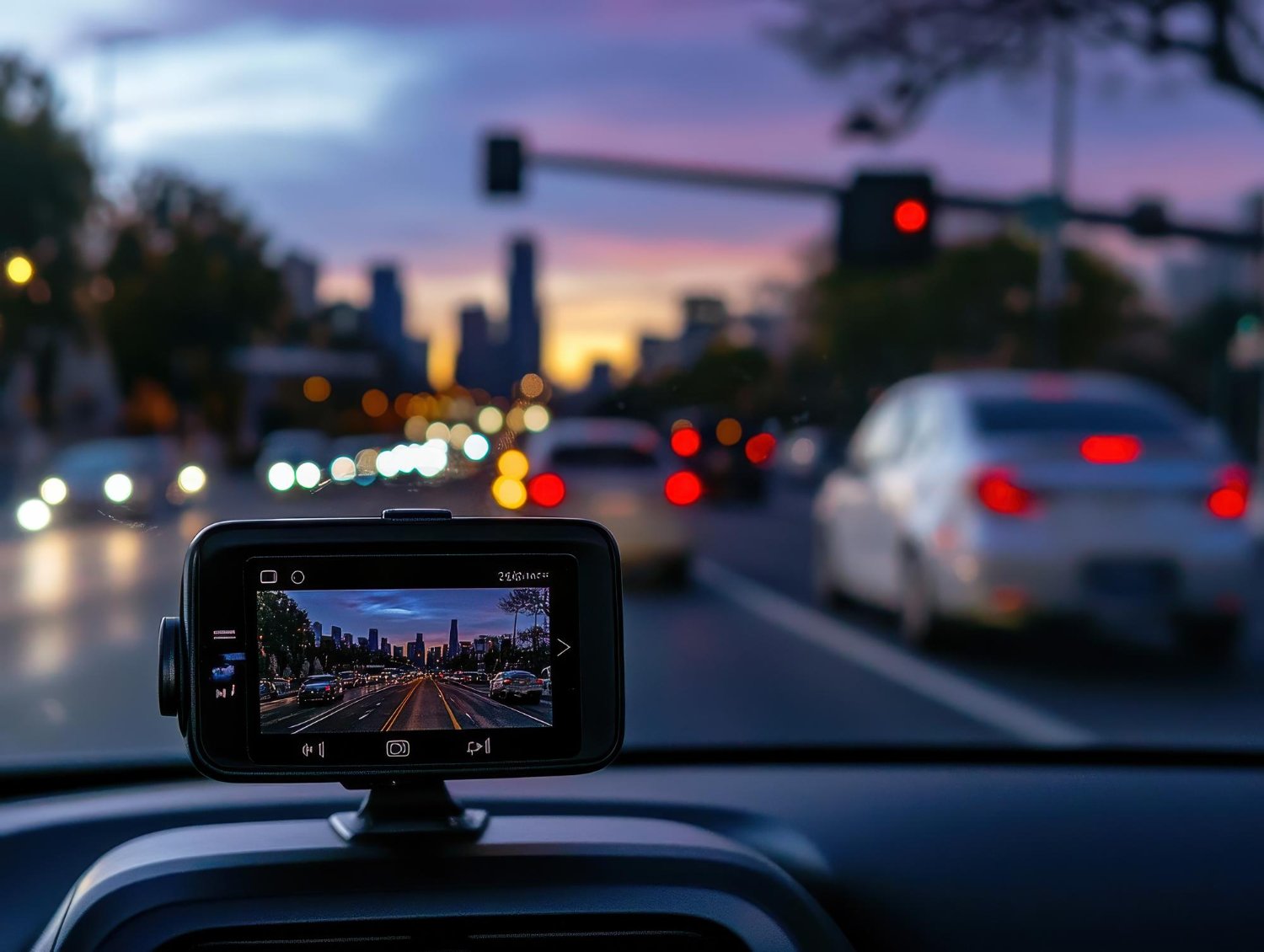 Cámara de tablero grabando tráfico urbano nocturno con luces de ciudad
